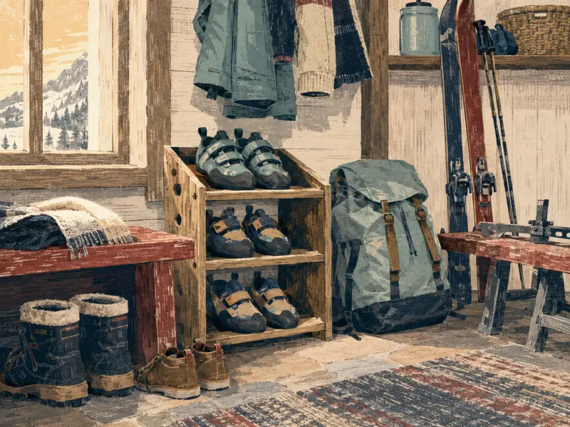 Climbing shoes neatly arranged on a wooden rack inside a rustic cabin mudroom with skis, boots, and a snowy window.