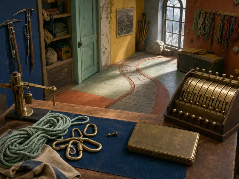 A mountain outfitter counter with a vintage register, ropes, and carabiners overlooking a snowy alpine window.