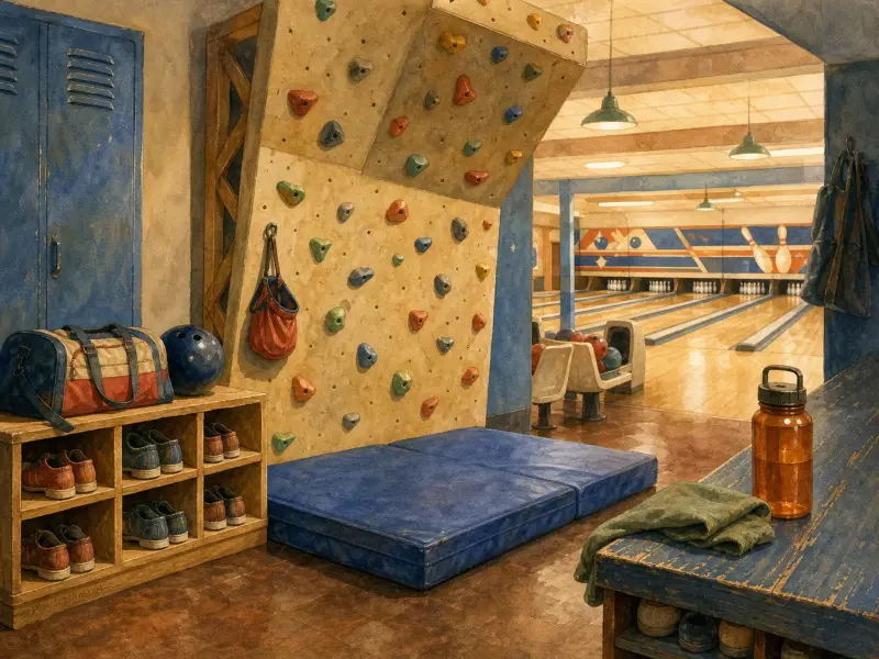 A small wooden bouldering wall with colorful handholds stands beside active bowling lanes and vintage lockers.