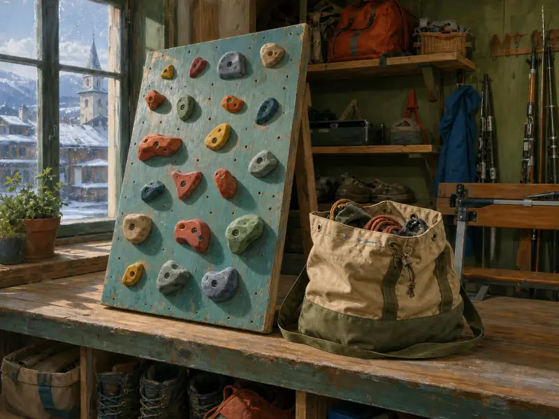 A small climbing training board and canvas gear bag sit on a workbench overlooking a snowy alpine town.