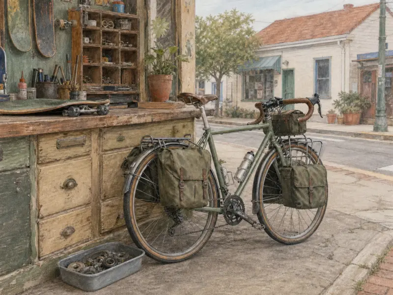 A green touring bicycle packed with panniers parked beside an outdoor wooden workshop workbench on a paved street.