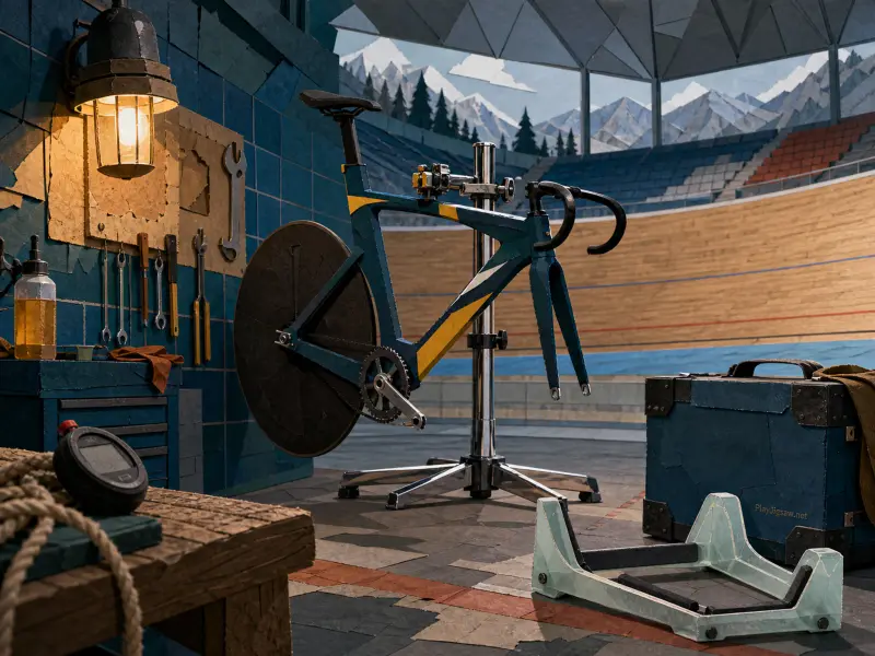 A track bicycle mounted on a repair stand in a workshop overlooking an indoor velodrome and snowy mountains.