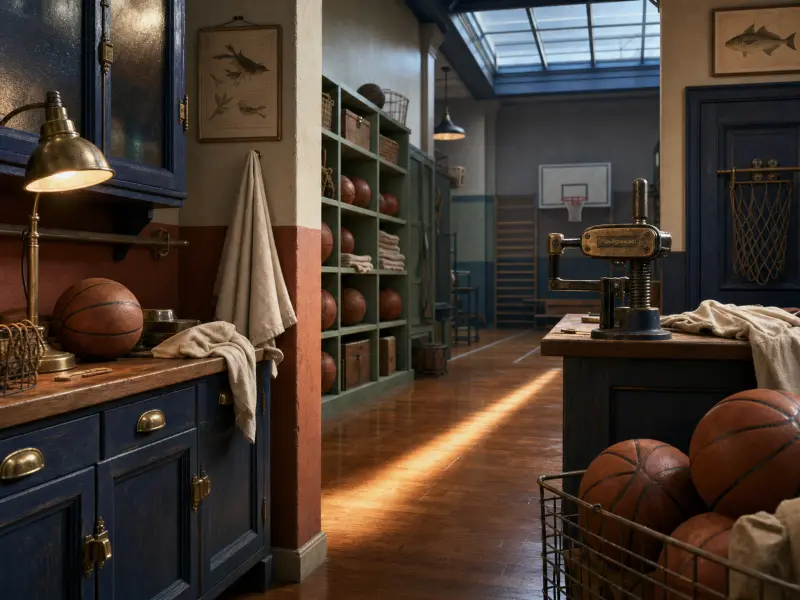 Leather basketballs and vintage blue cabinets in a hallway leading to a sunlit indoor basketball court.