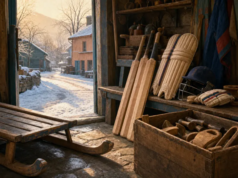 Cricket bats, pads, and a wooden sled sit inside an open shed looking out at a snowy village road in winter.
