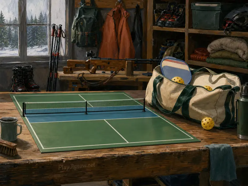 A miniature tabletop pickleball court rests on a wooden cabin workbench alongside sports gear and a snowy window.