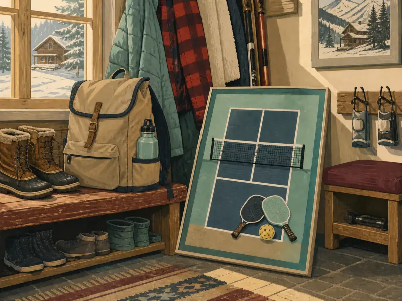 A cozy cabin entryway with winter boots, coats, and a framed pickleball court resting against the wall.
