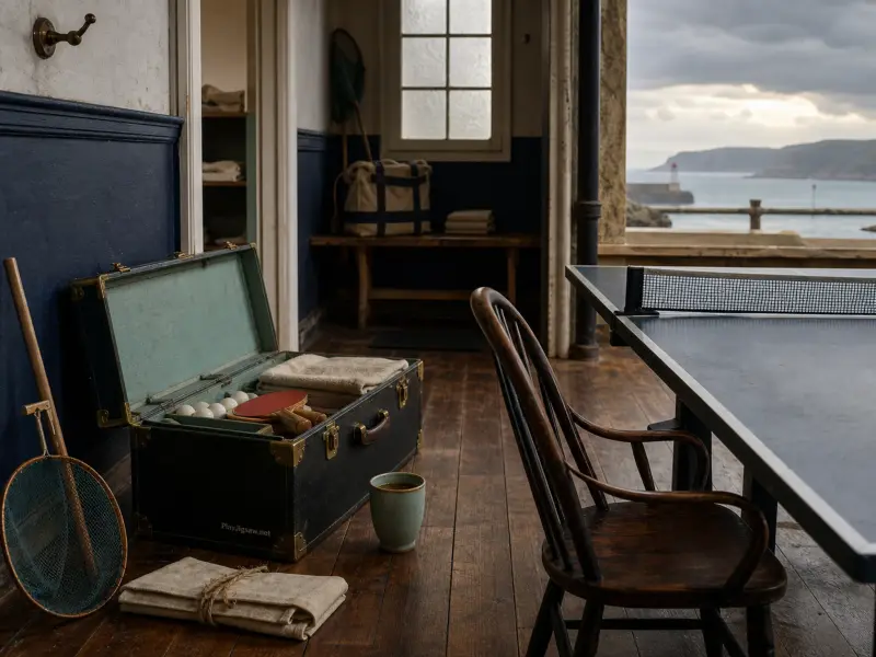 A ping pong table and vintage equipment trunk in a rustic room overlooking the sea and a distant lighthouse.