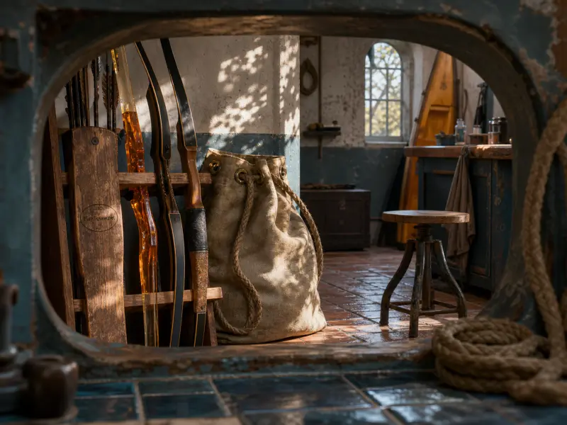Archery bows and a canvas bag resting inside a rustic workshop, viewed through a weathered oval opening.
