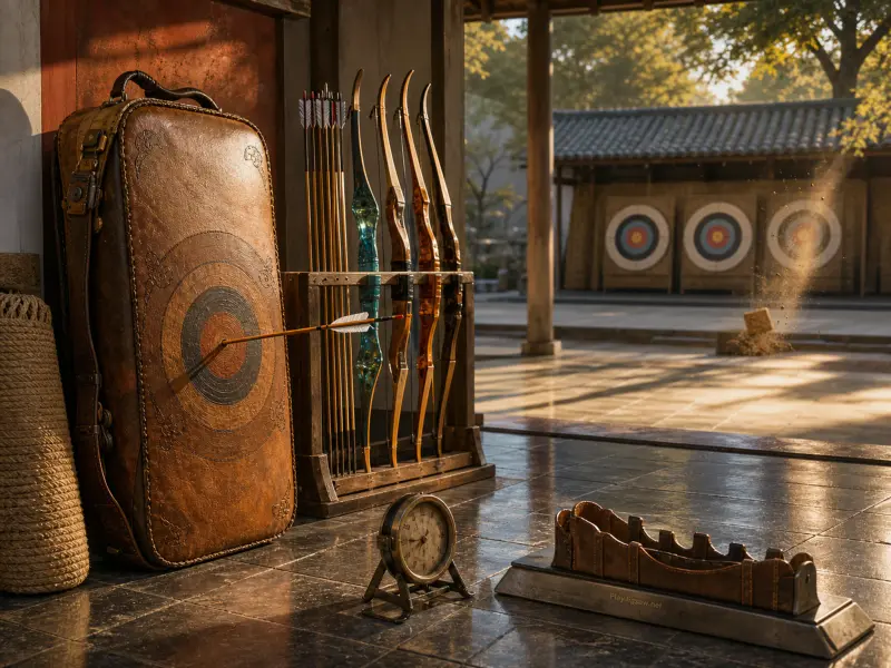 Bows and arrows arranged on an open veranda beside a leather target case overlooking an archery courtyard.
