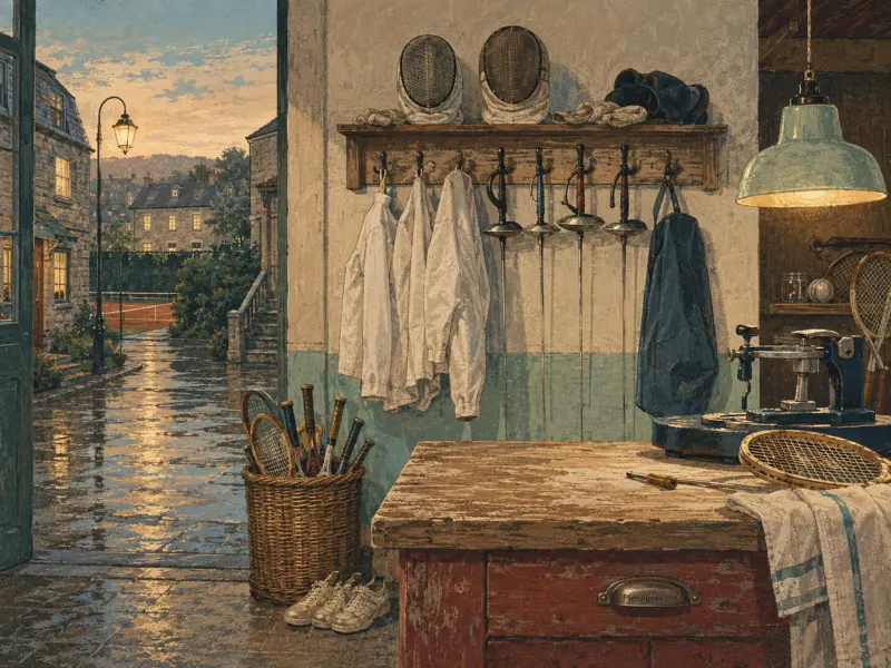 Fencing masks, foils, and tennis rackets inside a rustic workshop overlooking a rain-soaked village street at dusk.