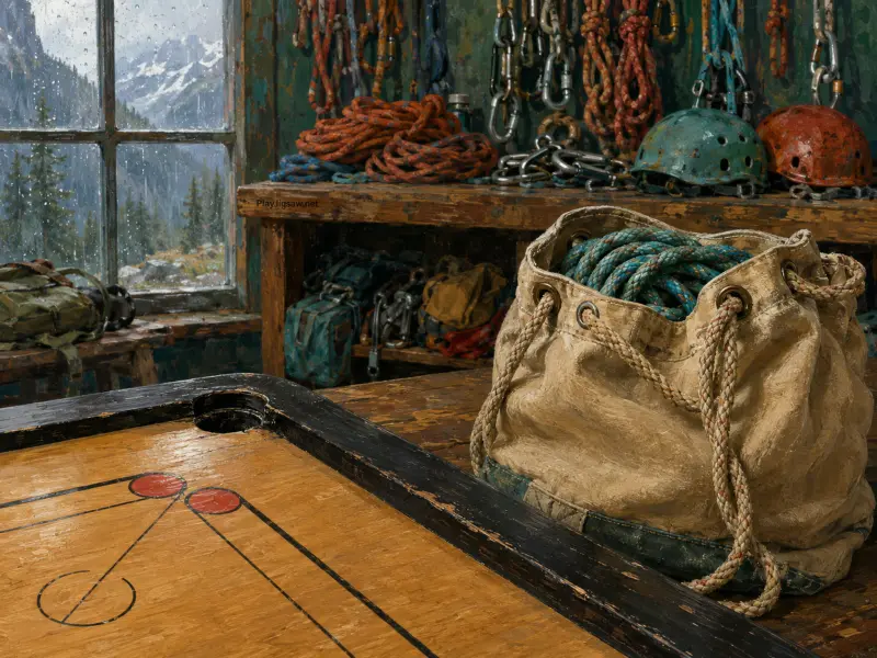 A carrom board and climbing gear inside a rustic alpine hut looking out onto a rainy mountain landscape.