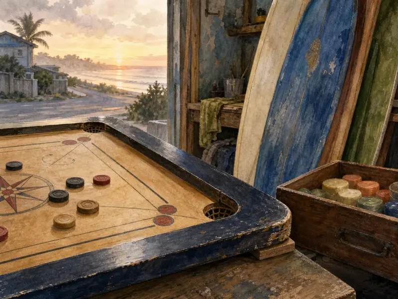 A carrom board on a wooden table inside an open surf shack overlooking a beach at sunset.