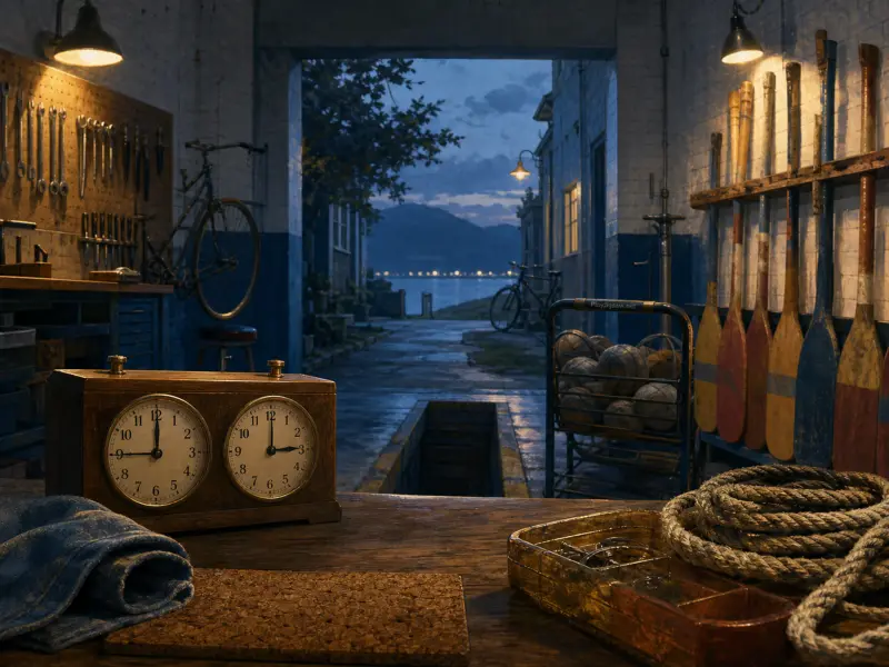A vintage workshop with a chess clock, coiled rope, and wooden oars opening to a lakeside view at dusk.
