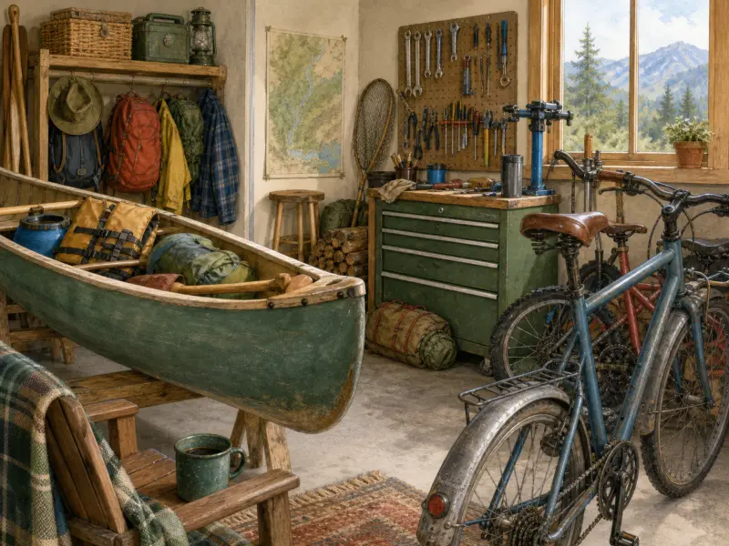 A rustic gear workshop featuring a packed green canoe on sawhorses, touring bicycles, tools, and a mountain window view.