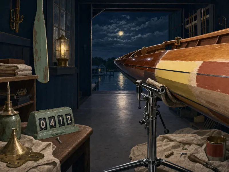 A wooden racing boat rests on a stand inside a boathouse workshop opening to a moonlit lake at night.