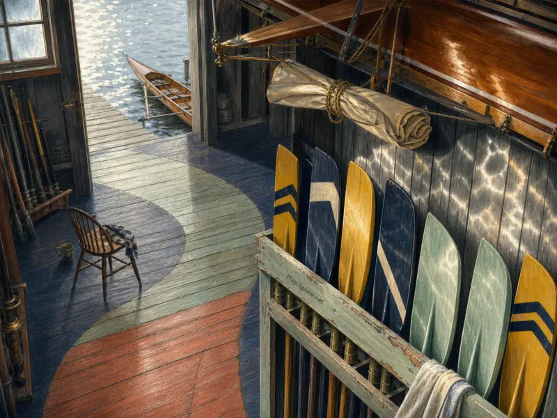 Wooden oars stored in a lakeside boathouse with sunlight rippling onto the walls and a boat moored outside.