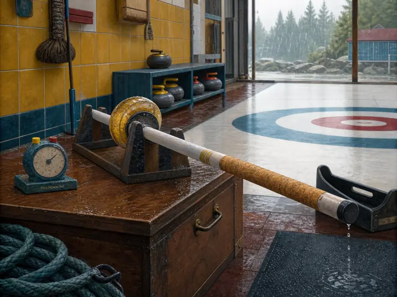 Curling broom resting on a wooden chest overlooking an outdoor ice sheet with red and blue scoring rings in the rain.