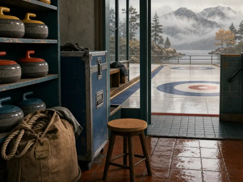Curling gear and stones inside a shed overlooking an outdoor sheet and misty mountains across a lake.