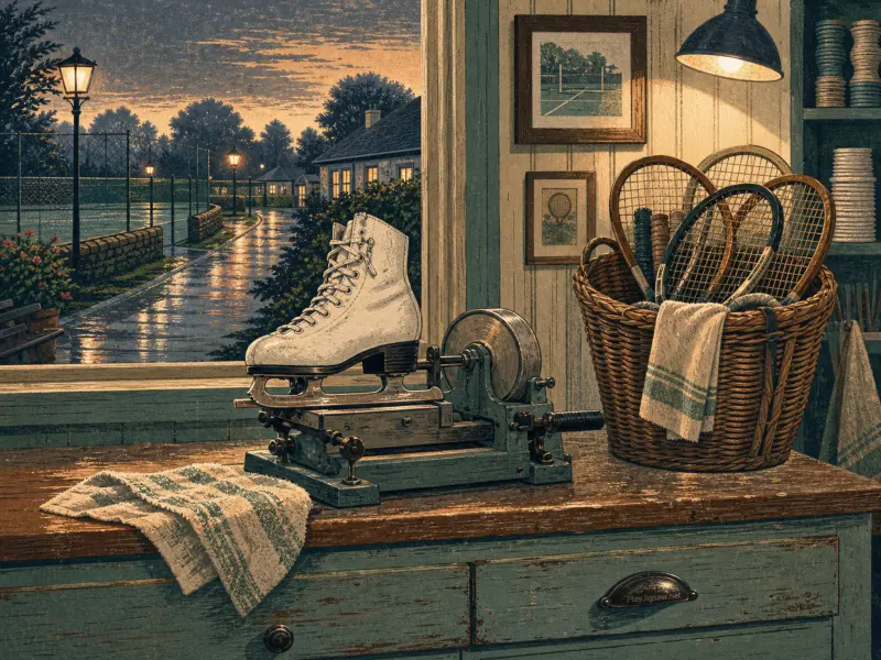 A white figure skate mounted on a sharpening tool on a workbench next to a basket of vintage tennis rackets.