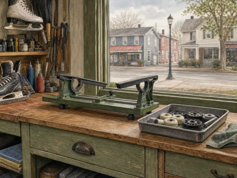 A skate sharpening stand and ice skates sit on a workbench overlooking a quiet town street through a large window.