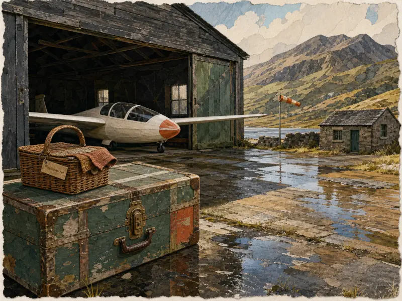 A glider rests in an open wooden hangar near a lake and mountains, with a trunk and picnic basket in the foreground.