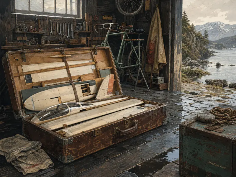 A disassembled glider packed inside an open suitcase in a rustic workshop opening out onto a mountain lake.