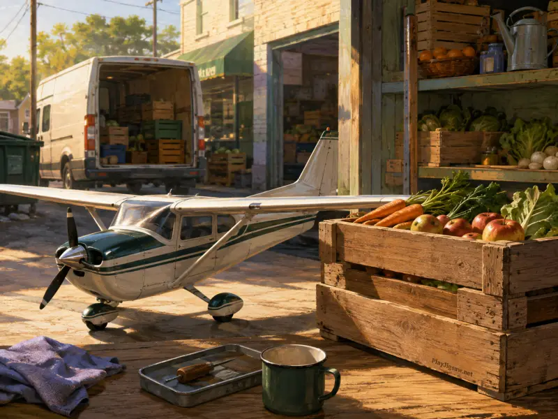 A small green and white propeller plane stands on an alley street beside a wooden produce crate filled with fruits and vegetables.