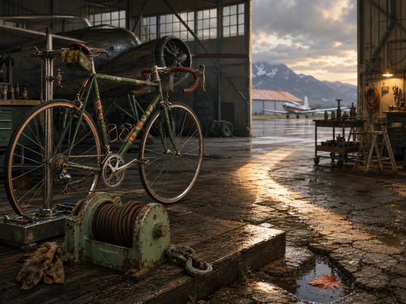 A green vintage bicycle rests on a stand inside an open hangar overlooking an airfield and mountains at sunset.