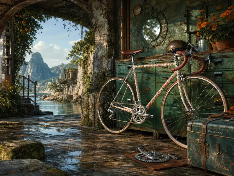 A floral road bicycle parked beside a green cabinet inside an open stone archway overlooking a seaside bay.