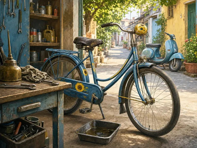 A vintage blue bicycle painted with sunflowers parked outside a workshop next to a blue scooter in a sunny alley.