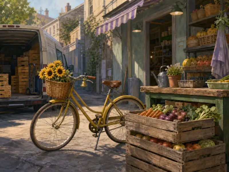 A vintage yellow bicycle carrying sunflowers in its basket stands outside a rustic vegetable shop with produce crates.