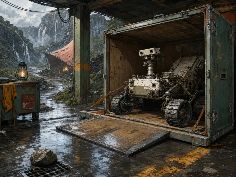 A robotic exploration rover parked inside an open transport crate facing a rainy valley with distant waterfalls.