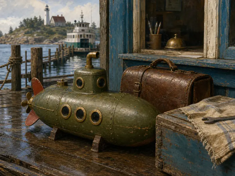 A miniature green submarine and a vintage brown bag resting on a wooden dock with a lighthouse in the background.
