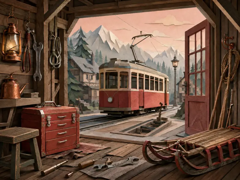A vintage red tram viewed through an open rustic workshop doorway looking out toward alpine peaks.