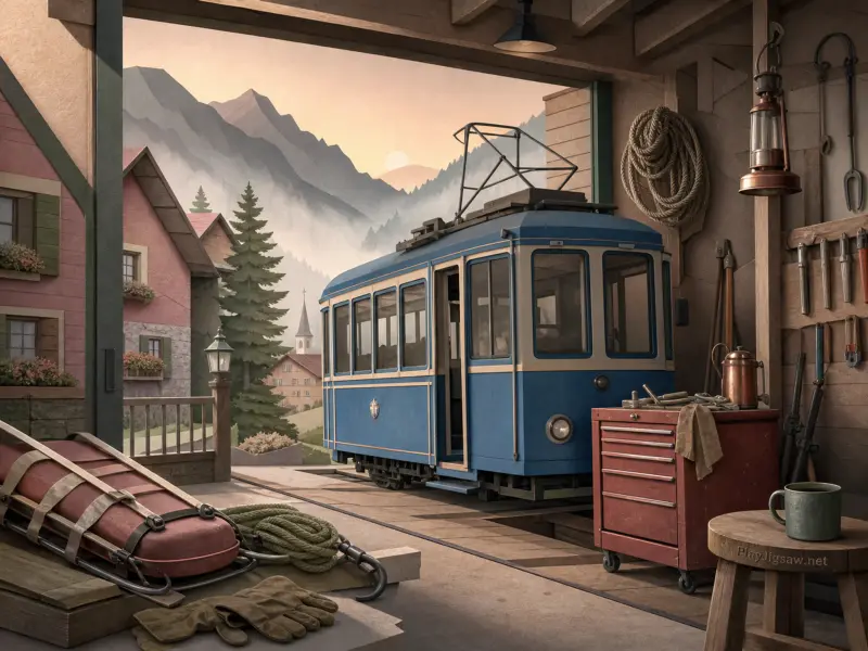 A blue vintage tram parked inside an open workshop overlooking misty alpine mountains and a village.