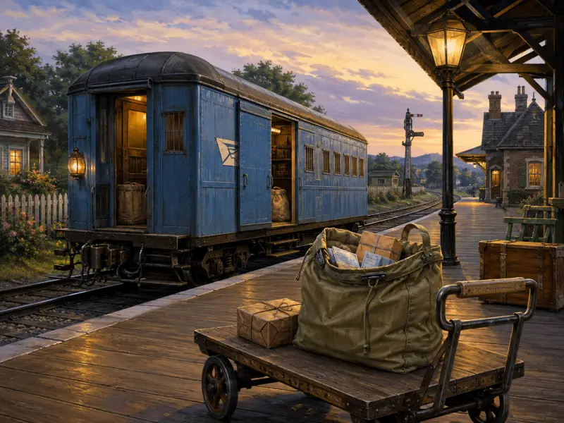 A blue railway mail car parked beside a wooden station platform with packages on a luggage cart at sunset.