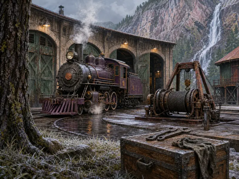 A vintage steam locomotive parked outside a stone roundhouse beneath a tall mountain waterfall.
