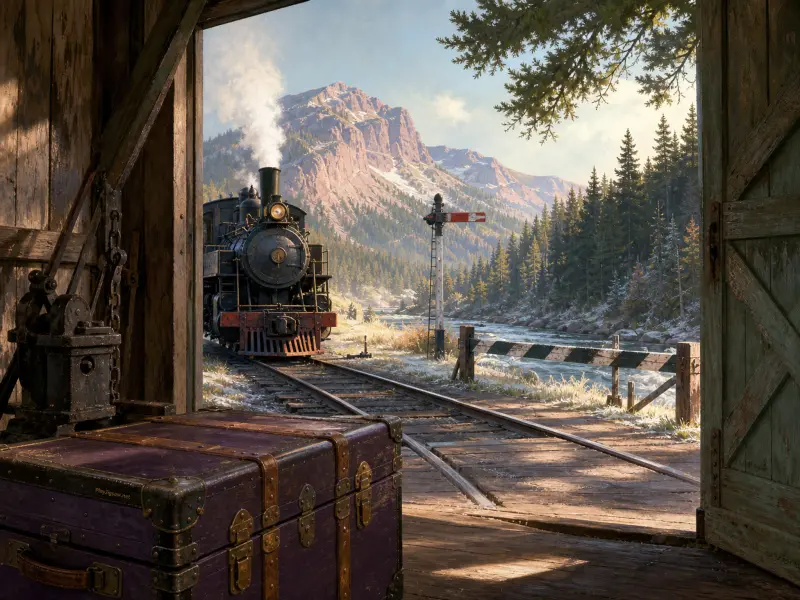 A steam locomotive approaches down a track seen through open wooden depot doors beside a purple travel trunk.
