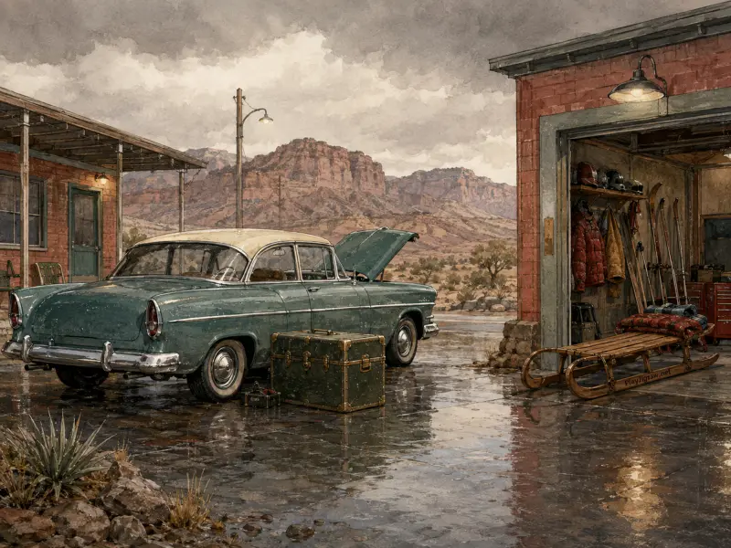 A vintage teal car with an open hood parked on wet ground outside a garage with desert mountains behind.