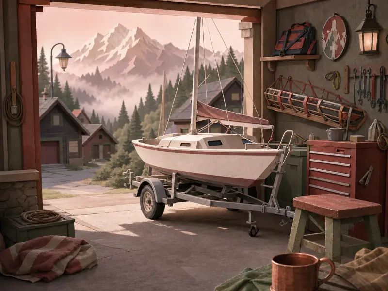 A small sailboat on a trailer parked inside an open workshop garage looking out at towering mountain peaks.