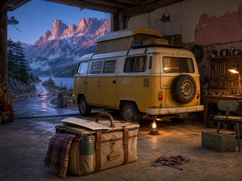 A yellow vintage camper van parked in an open garage looking out toward alpine mountains and a winding road.