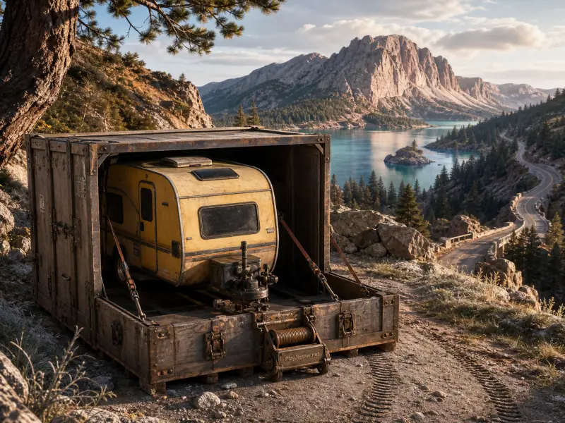 A yellow camper inside an open shipping crate rests on a mountain dirt road overlooking an alpine lake.