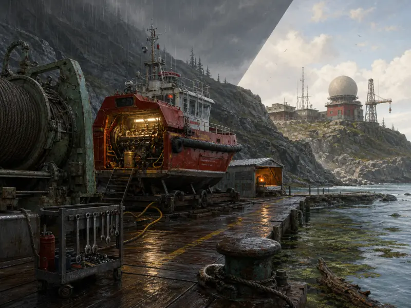 A red service boat sits on a wet wooden pier with an open engine bay, near a rocky hill and coastal radar station.