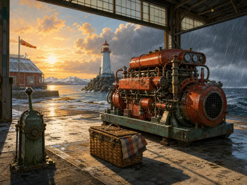 A heavy industrial generator inside an open harbor hangar facing a coastal lighthouse during a sunset.