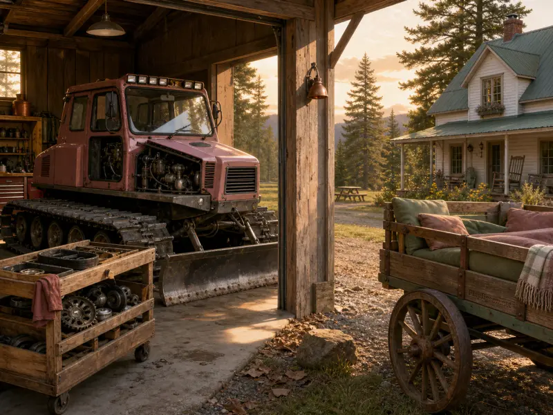 A tracked snowcat parked inside an open barn facing a cozy white farmhouse and mountain pine trees.