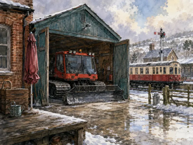 A red snowcat parked inside an open wooden shed beside a rural railway station with a train and snow-covered ground.