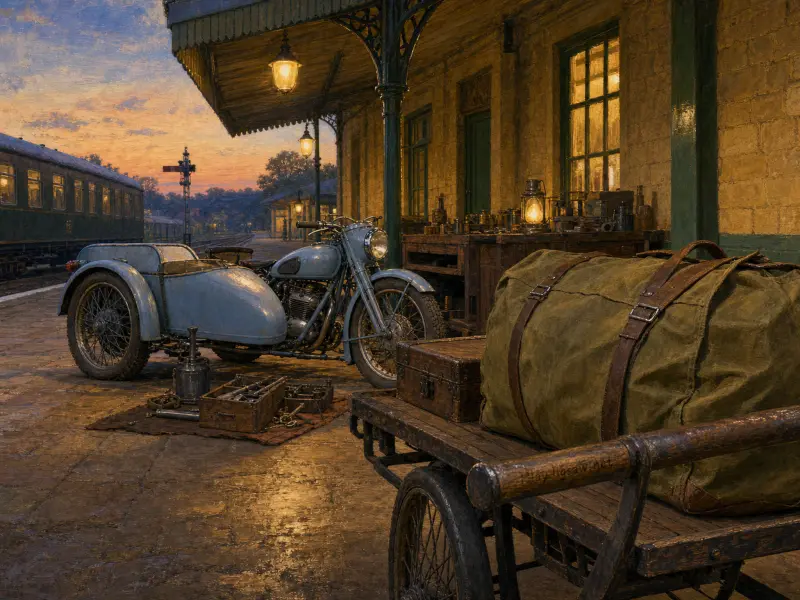 A light blue vintage sidecar motorcycle sits on a brick train station platform next to luggage and a passenger train.