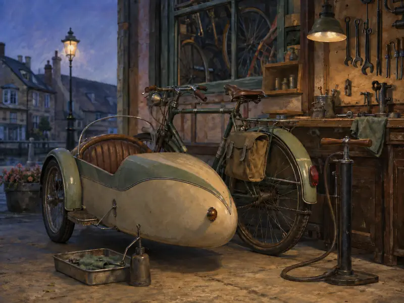 A vintage bicycle with a passenger sidecar parked outside a brightly lit workshop at dusk.