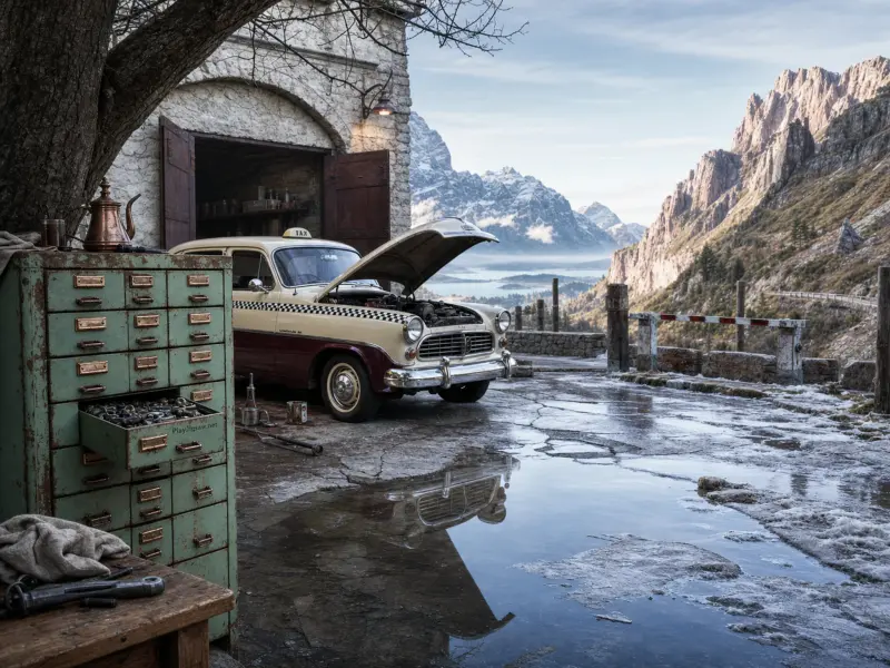 A vintage two-tone taxi with its hood open parked outside a stone mountain garage overlooking snowy peaks.