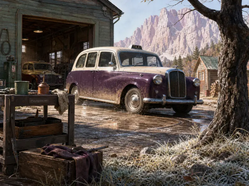 A muddy vintage purple and cream taxi parked outside a rustic wooden garage against rugged mountain peaks.